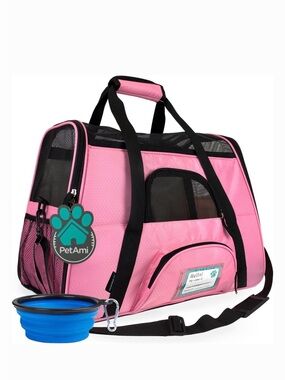 PetAmi Pink Small Pet Carrier Tote 11x17x10 with Travel Bowl